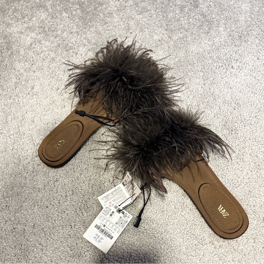 Zara Dark Brown Feather Slide Mules